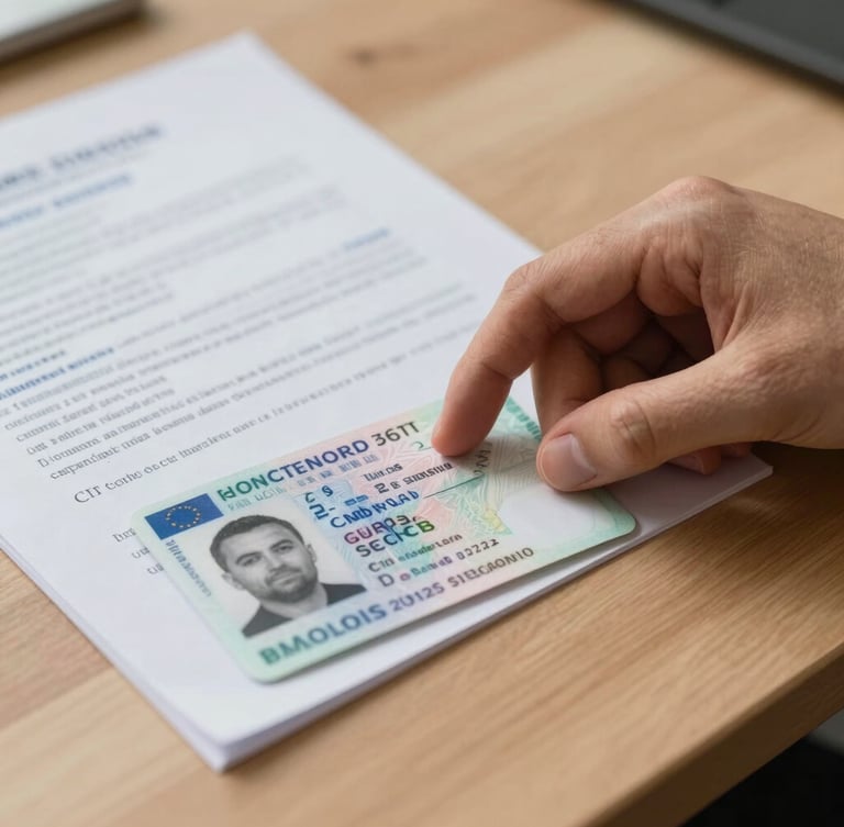 Close-up of a hand placing a European driving license next to official papers on a clean wooden desk, soft morning light.