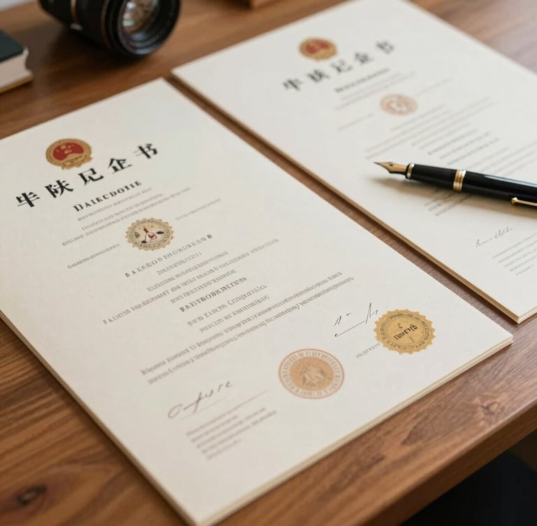 Close-up of neatly organized original academic diplomas, official stamps on heavy paper, and a fountain pen on a warm wooden desk under soft natural daylight.