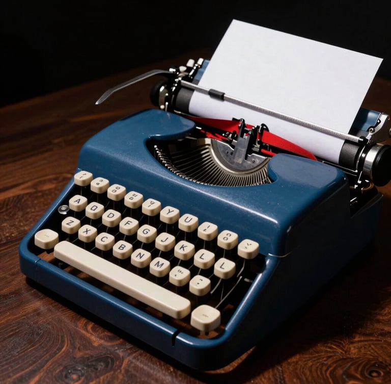 Close-up of a vintage typewriter with a freshly typed page, dramatic side lighting casting long shadows across a dark wooden desk, high-contrast studio photography, 35mm