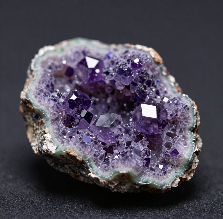 Macro fotografia di un cristallo di fluorite zonata con bande di colore viola e verde, su matrice scura, illuminazione diffusa, focus nitido, 105mm lens.
