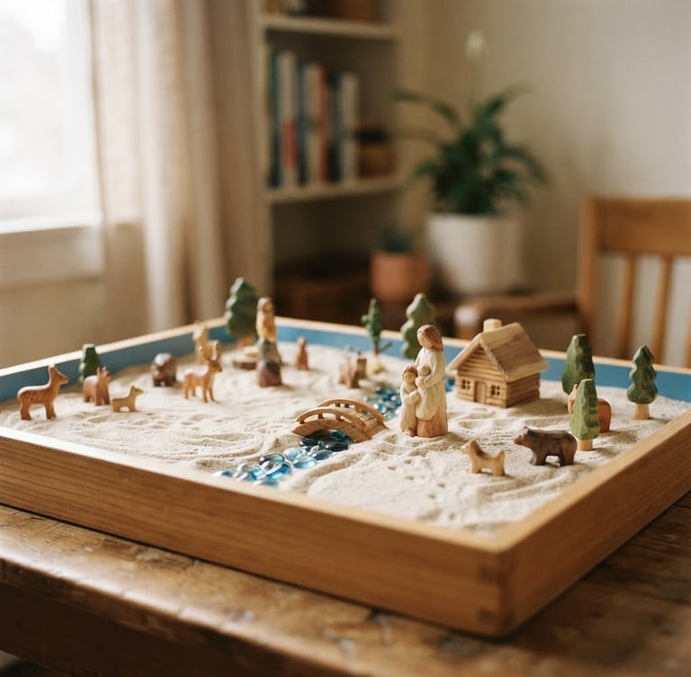 Warm editorial photography of a beautifully arranged sandtray with small wooden figures, soft diffused window light, beige and cream tones, shallow depth of field, 35mm