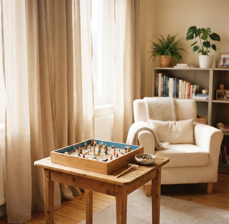 A warm, sunlit consulting room with soft beige linen curtains, a comfortable armchair, and a neatly arranged sandtray on a wooden table, high-key warm tones, shallow depth of field, 35mm