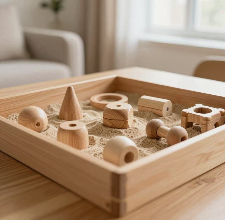 Close-up of therapeutic wooden toys and a sandtray arranged neatly on a light wood table in a warm consulting room, soft daylight, beige tones, warm editorial photography, 35mm