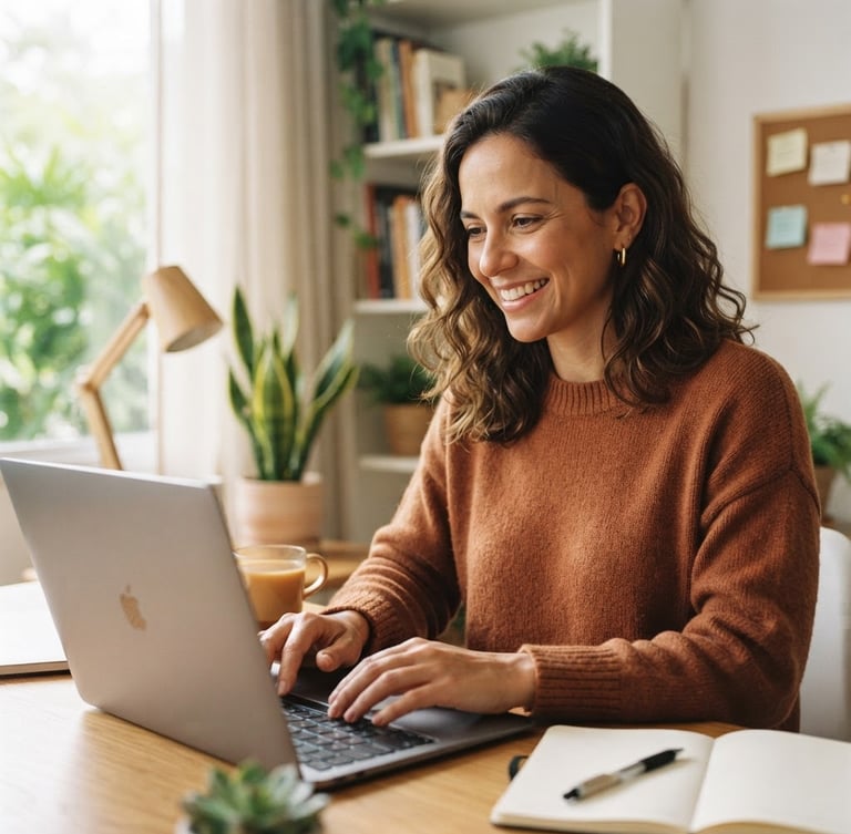 Close-up of a Brazilian woman in her late 30s, warm smile, working on a laptop in a bright, modern home office, natural daylight, soft green and neutral tones, 35mm