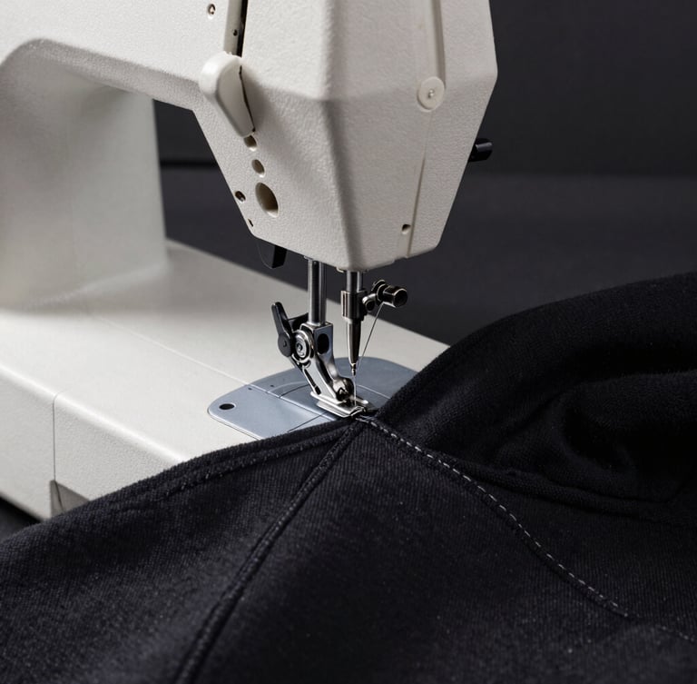 Macro close-up of a heavy-duty double-needle sewing machine stitching a black technical hoodie seam under crisp industrial studio lighting.