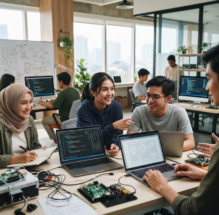 Medium shot of active Indonesian youth collaborating in a modern tech lab, bright natural morning light, screens displaying code and digital designs, authentic atmosphere, 35mm lens.