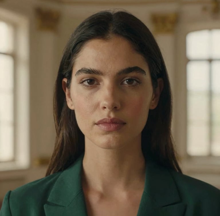 Close-up of Vany Cardona with a serene and firm expression, warm natural lighting, classic architectural background with soft focus, neutral tones, 35mm