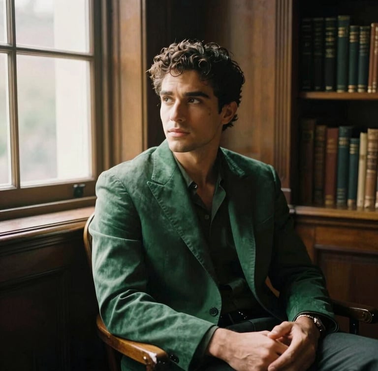 Vany Cardona looking thoughtful yet confident, sitting in a classic wood-paneled library, warm side window light casting deep shadows, old money aesthetic, 35mm