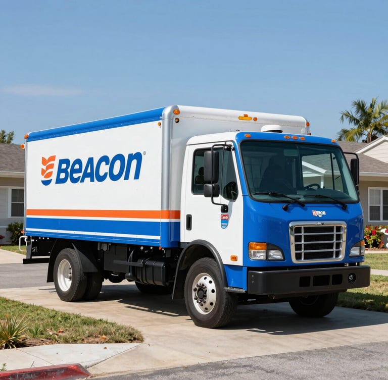 A clean blue-and-white Beacon Propane delivery truck parked on a residential driveway in clear daylight, 35mm photography