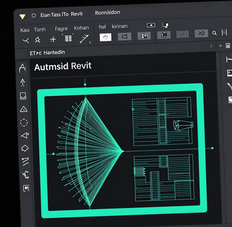 Sleek technical software photography of the Autodesk Revit ribbon interface, dark mode UI screenshot with sharp neon cyan highlights, high contrast