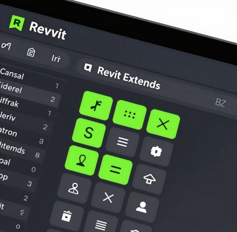 Sleek technical software photography showing a close-up of the Revit ribbon interface, custom Revit Extends tab, active tool buttons highlighted in neon cyan, dark mode UI, sharp technical lighting.