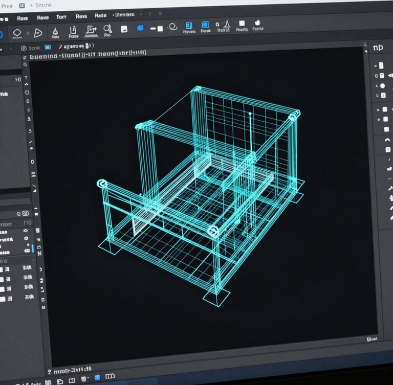 Sleek technical software photography of Revit modeling workspace, automated wireframe generation with neon cyan highlights, high contrast dark mode UI
