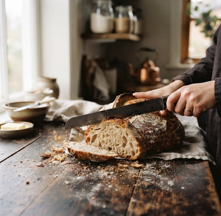 Rustic sourdough loaf being sliced on a dark wood table, crumbs scattering, warm editorial photography, soft natural window light, Scandinavian kitchen aesthetic, 35mm