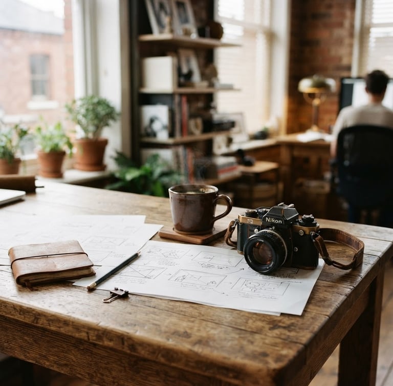Warm editorial photography of a creative agency studio, a rustic wooden desk with storyboard papers, a vintage camera, and a ceramic cup of coffee, soft natural window light from the left, 35mm