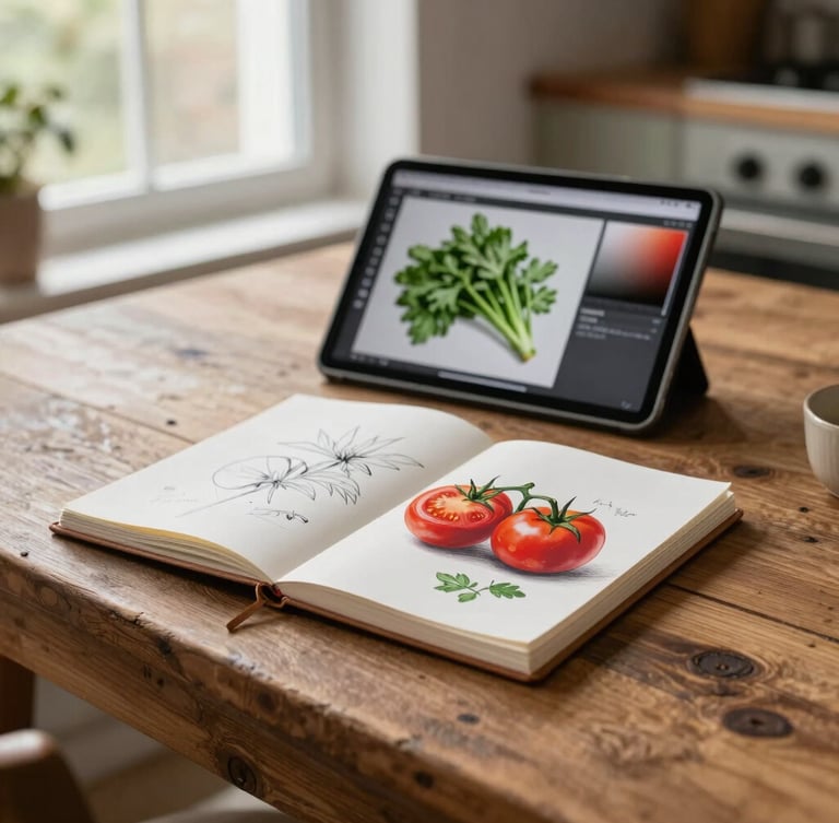 Warm editorial photography of a rustic wooden table with sketchbooks, digital tablet showing color palettes of fresh tomatoes and green herbs, soft natural window light, shallow depth of field, 35mm