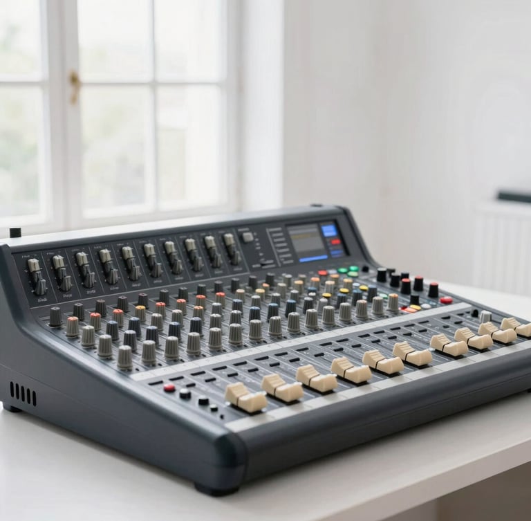 Bright editorial photograph of a professional analog mixing console under soft natural window light, clean white studio background, high-key lighting.