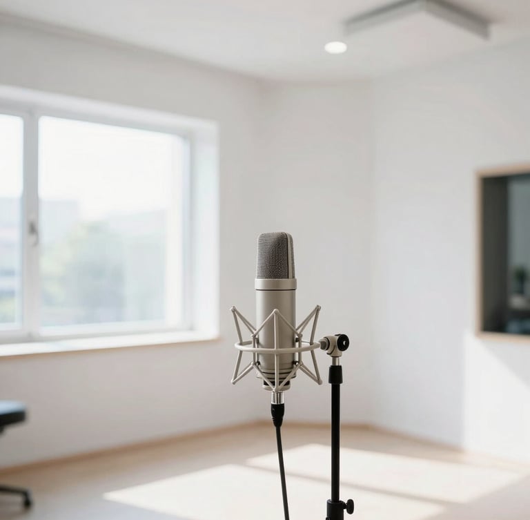 Bright editorial photography of a clean white recording studio interior with natural window daylight, showing a high-end microphone setup on a stand with a shallow depth of field.