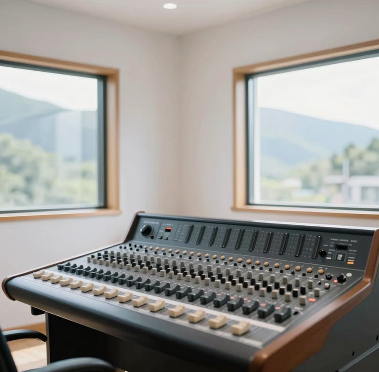 Bright, sunlit recording studio interior with clean white walls, a high-end analog mixing console in the foreground, large windows looking out to soft-focus green mountains, warm natural daylight.