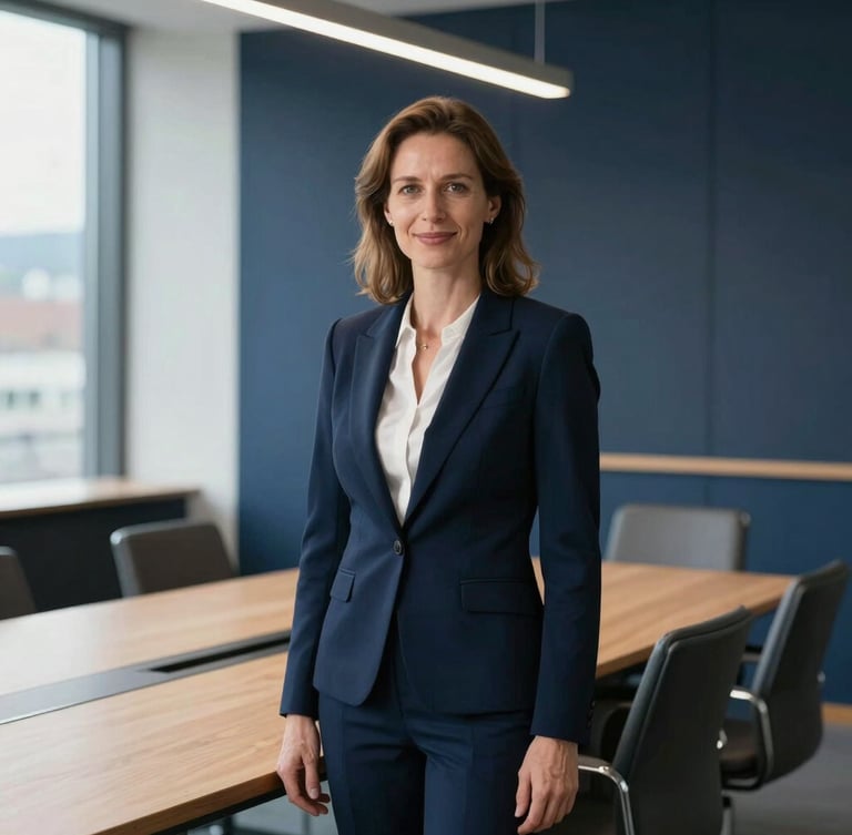 Professional editorial portrait of a female financial executive in a modern Swiss boardroom in Zug, soft diffused natural daylight, deep navy background, sharp focus, 35mm
