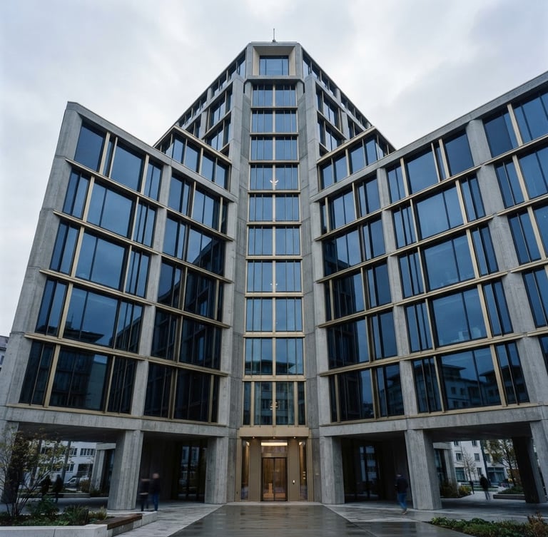 Low-angle architectural shot of a modern concrete and glass financial building in Zug, cool diffused overcast daylight, sharp reflections, highly symmetrical composition, 35mm