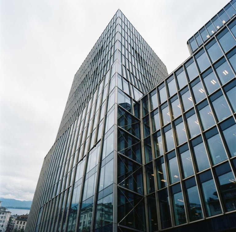 Low-angle architectural shot of a modern financial building facade in Geneva, cool diffused Swiss daylight, sharp glass and steel lines, deep navy tones with subtle warm interior light reflection, 35mm