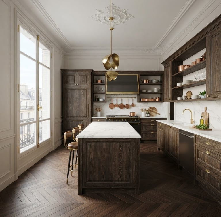 Architectural wide-angle shot of a luxury Parisian kitchen with white marble countertops, bespoke dark oak cabinetry, integrated brass fixtures, soft natural morning light pouring through a tall window.