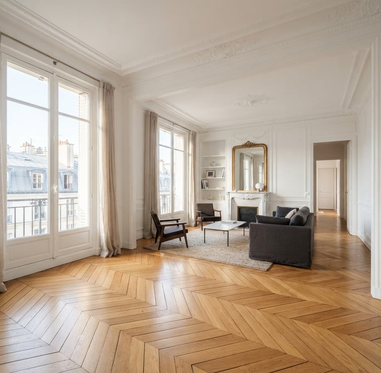 Immaculate Parisian apartment interior with perfectly laid oak parquet catching soft morning light, white walls, clean plaster moldings, wide architectural shot