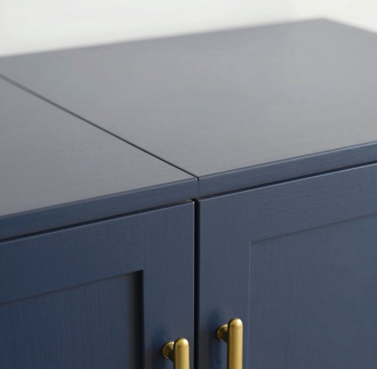 Detailed macro shot of a custom dark blue wooden cabinet joint, perfectly flush, matte finish, elegant brass hardware, natural side lighting