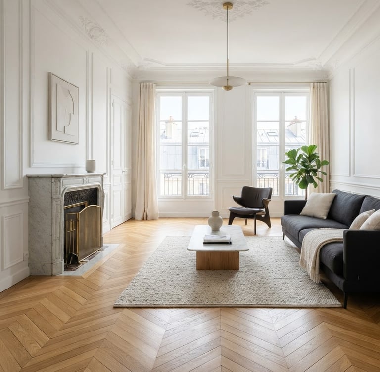 Immaculate completed Parisian living room with perfectly laid oak chevron parquet catching natural daylight, clean white plaster walls, elegant minimalist moldings, architectural wide shot.