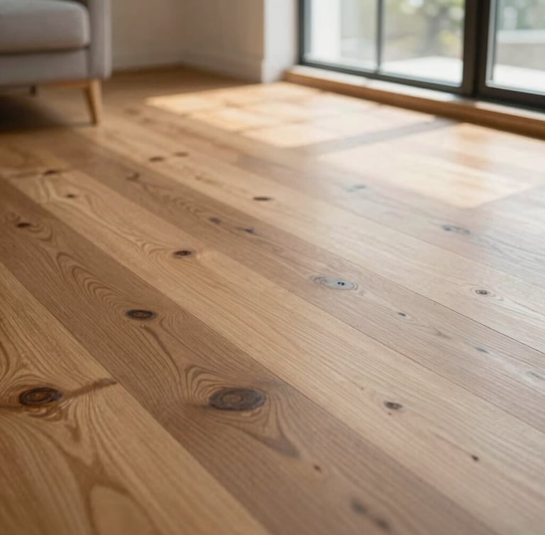Wide-angle architectural crop of a light-filled modern living room, low-angle shot showing rich character-grade oak flooring with natural grain and knots, soft daylight streaming from a window, 35mm photography