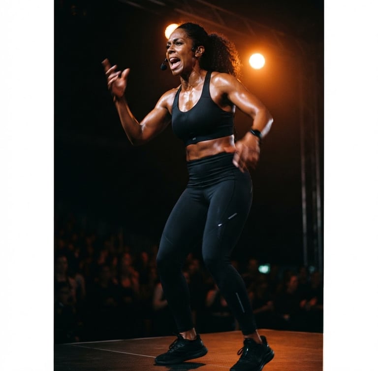 Low-angle heroic crop of a fitness instructor commanding the podium under dramatic neon amber spotlights, sweat-glistening skin, high contrast, deep shadows, motion blur, 35mm