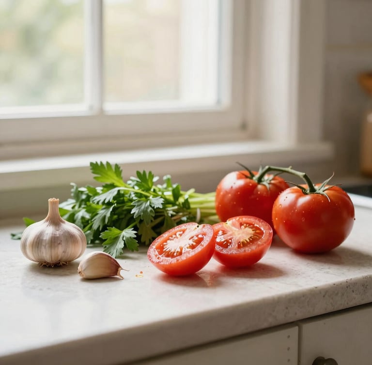 Bright editorial food photography, soft lateral window light, a rustic kitchen counter with fresh herbs, garlic, and chopped tomatoes, warm organic tones, shallow depth of field.