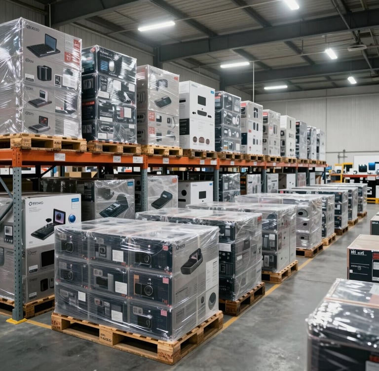 A high-density secure warehouse in Barcelona, clean rows of shrink-wrapped pallets containing premium consumer electronics, cool bright commercial lighting, wide environmental shot.