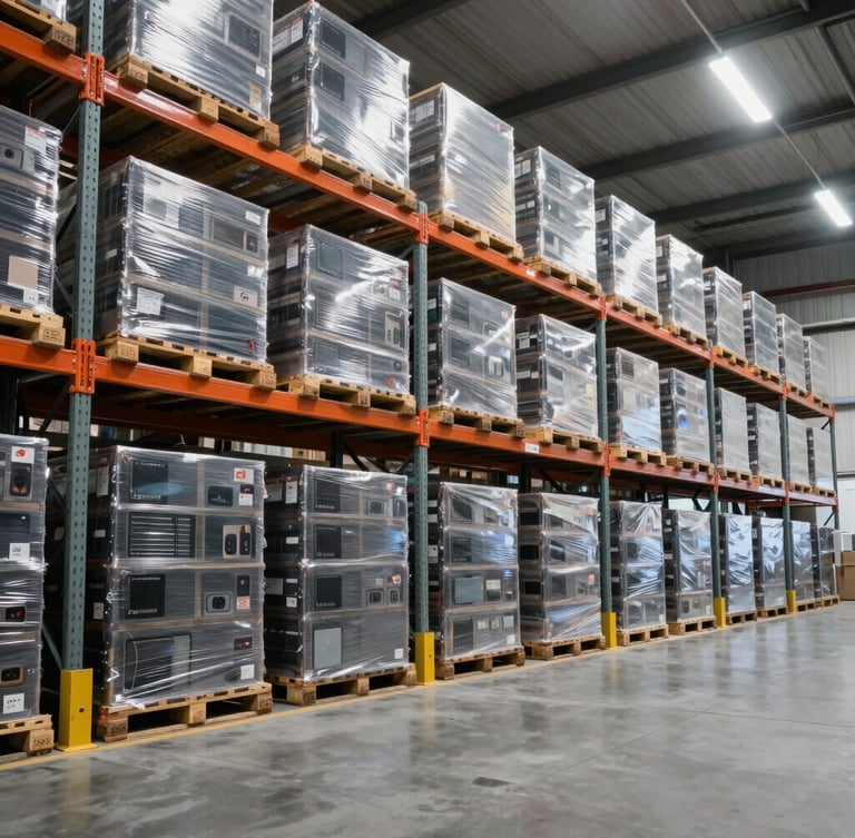 Wide-angle view of a high-density secure logistics warehouse, shrink-wrapped pallets of premium electronics stacked on steel racks, cool bright commercial lighting, clean concrete floor.