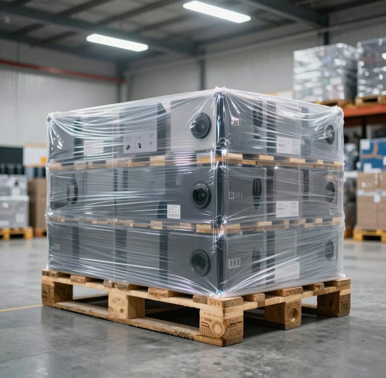 Precise medium shot of shrink-wrapped pallets of premium electronics inside a secure, brightly lit modern warehouse, cool commercial lighting, clean slate concrete floor.