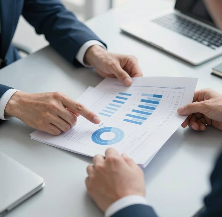 Close-up of professional hands analyzing structured charts and corporate documents on a clean slate-gray desk, bright natural light.