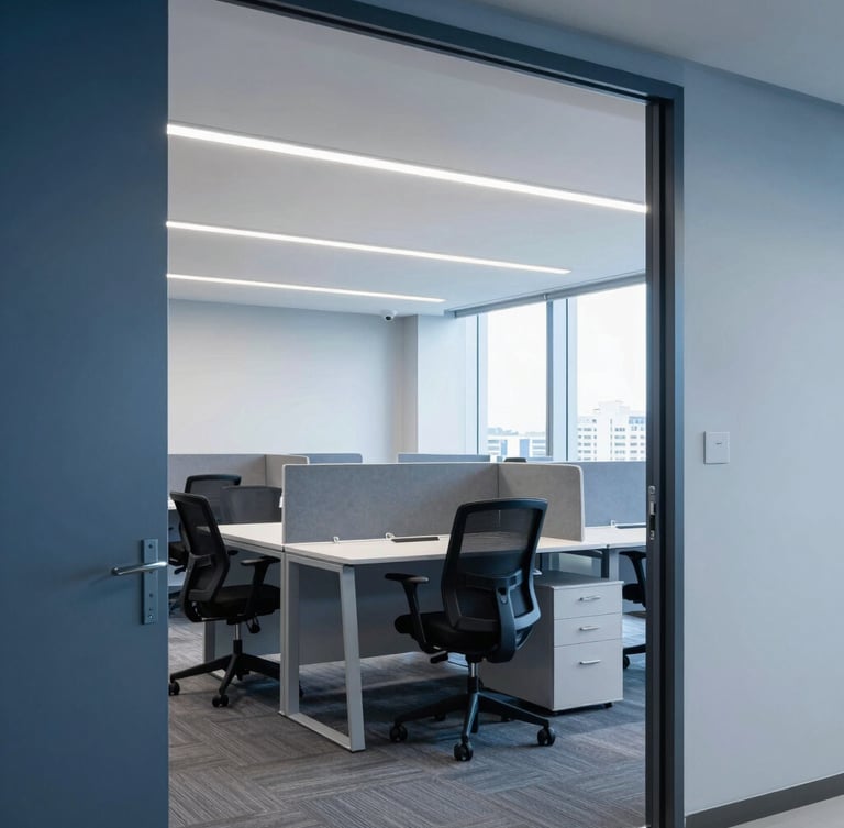Clean, bright corporate office interior in São Paulo, structured desks, professional architectural framing, cool blue and slate tones, natural light.