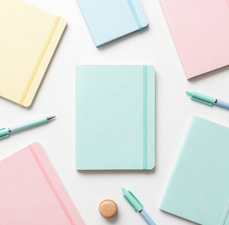Overhead flat-lay of an organized desk with colorful pastel notebooks, mint pens, and soft diffused morning light, clean minimalist composition