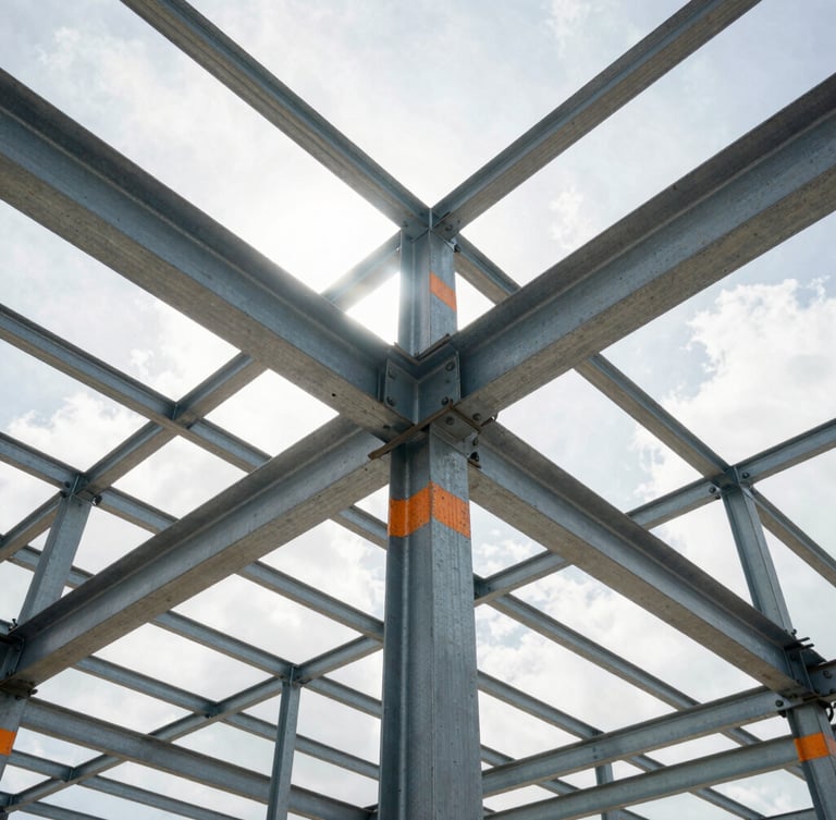 Low-angle heroic shot of exposed steel framing against bright Florida daylight, sharp structural geometry, safety-orange markings visible