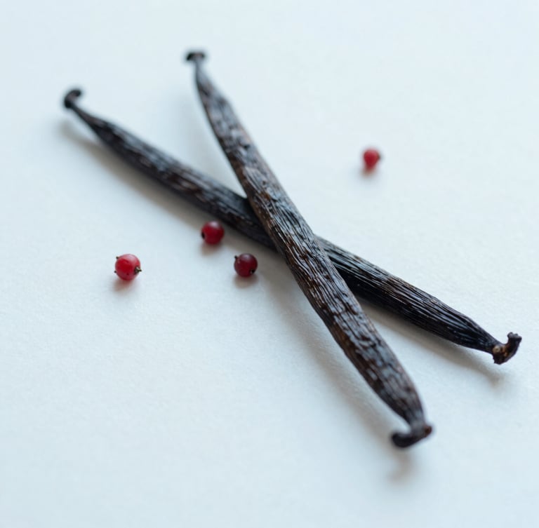 Close-up of vanilla pods and red berries on a white surface, soft diffused daylight, elegant editorial composition, 50mm lens, pastel blue and white tones.