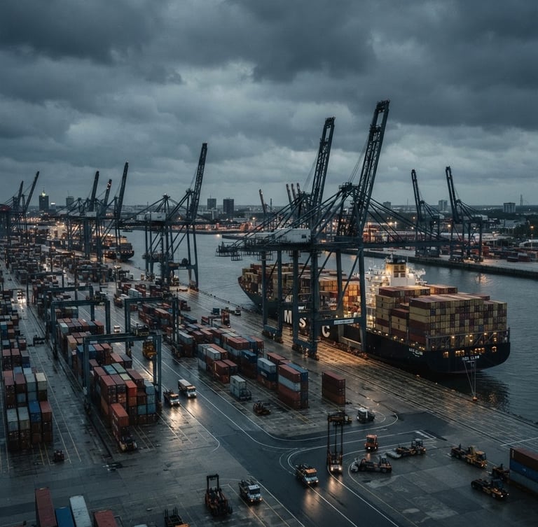 Industrial editorial photography of a massive cargo port at overcast dusk, towering container cranes casting sharp silhouettes, steel-gray tones, wide-angle heroic framing.