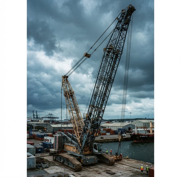 Low-angle heroic shot of a massive crawler crane against a dramatic overcast sky at an industrial port, desaturated steel and blue tones, 35mm