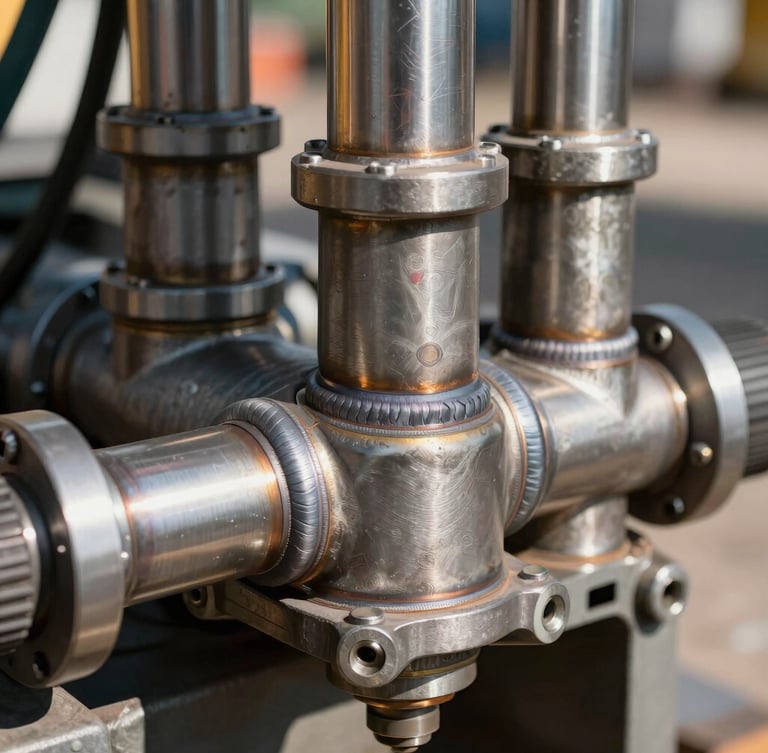 Tight macro crop of heavy equipment hydraulics and chassis welds under direct midday sun, highlighting metallic textures and industrial precision, 21:9 framing.
