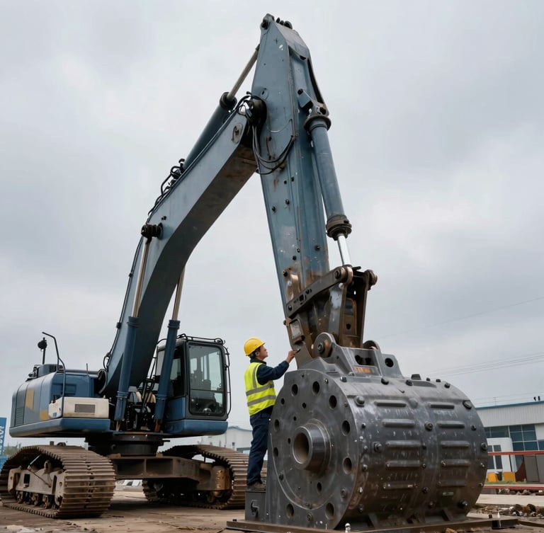 Industrial editorial photography of a technical inspector examining a massive steel excavator joint, dramatic overcast daylight, desaturated steel and blue tones, wide-angle heroic framing, 35mm