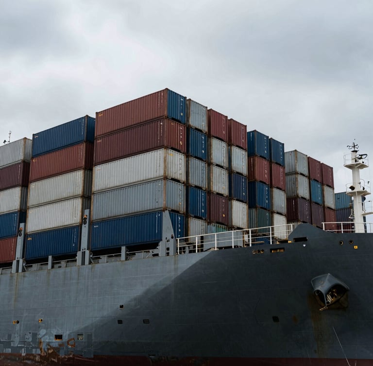 Low-angle heroic shot of a massive cargo vessel at a shipping terminal, steel containers stacked high under dramatic overcast daylight, desaturated steel and blue tones, 35mm