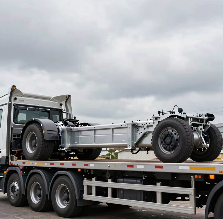 Low-angle heroic shot of a heavy-duty transport trailer carrying a pristine commercial truck chassis, harsh overcast lighting highlighting metallic textures