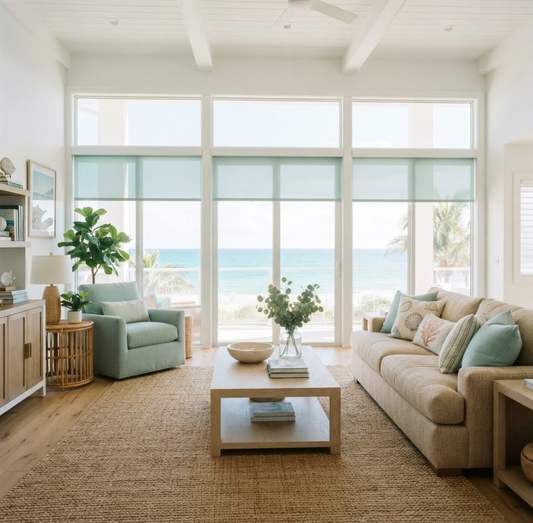 Bright high-key interior photography of a sun-drenched beachside living room in Florida, wide windows fitted with clean seafoam motorized shades, soft morning sunlight, 35mm