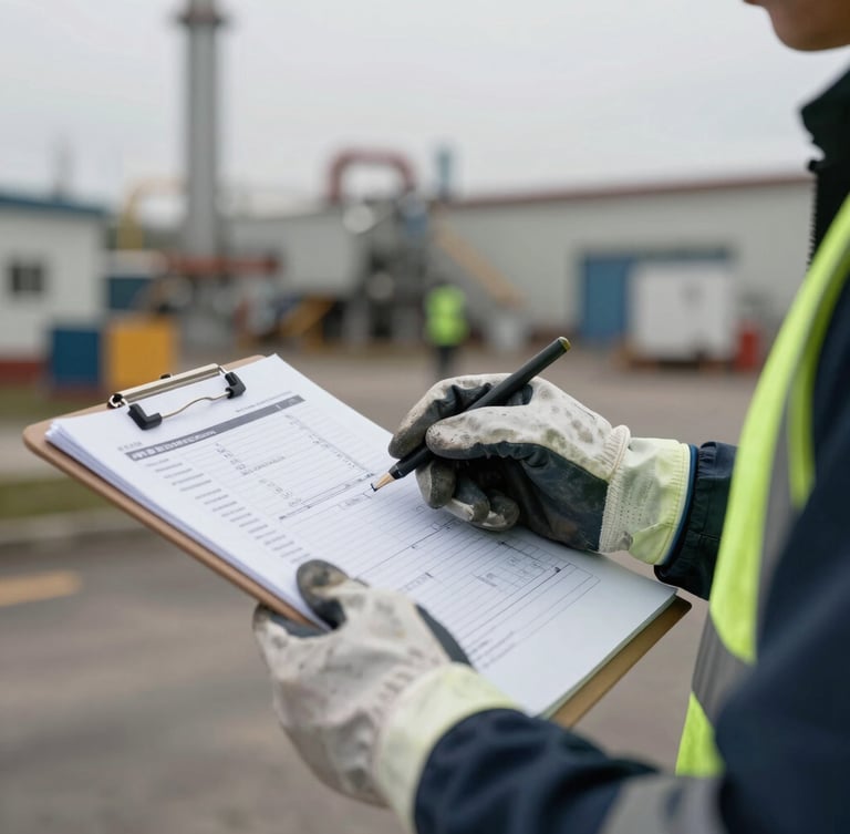 Close-up industrial documentary photography of a safety engineer's hands reviewing technical documentation on a clipboard, wearing safety gloves, with a blurred industrial background, natural overcast daylight, desaturated tones with safety green accents, 35mm.
