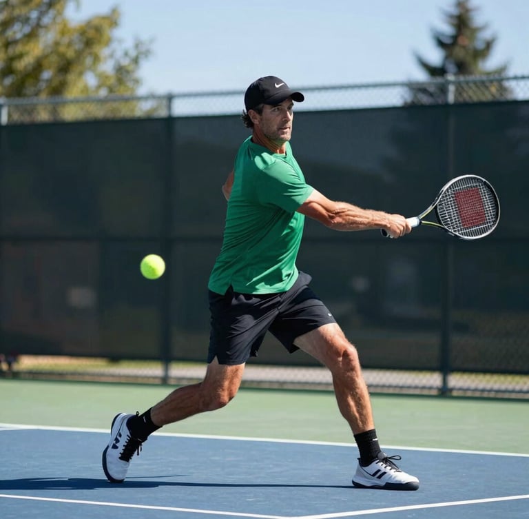 Dynamic action shot of a mature male tennis player in mid-swing on an outdoor court under bright Alberta sunlight, high contrast, forest green shirt, 35mm