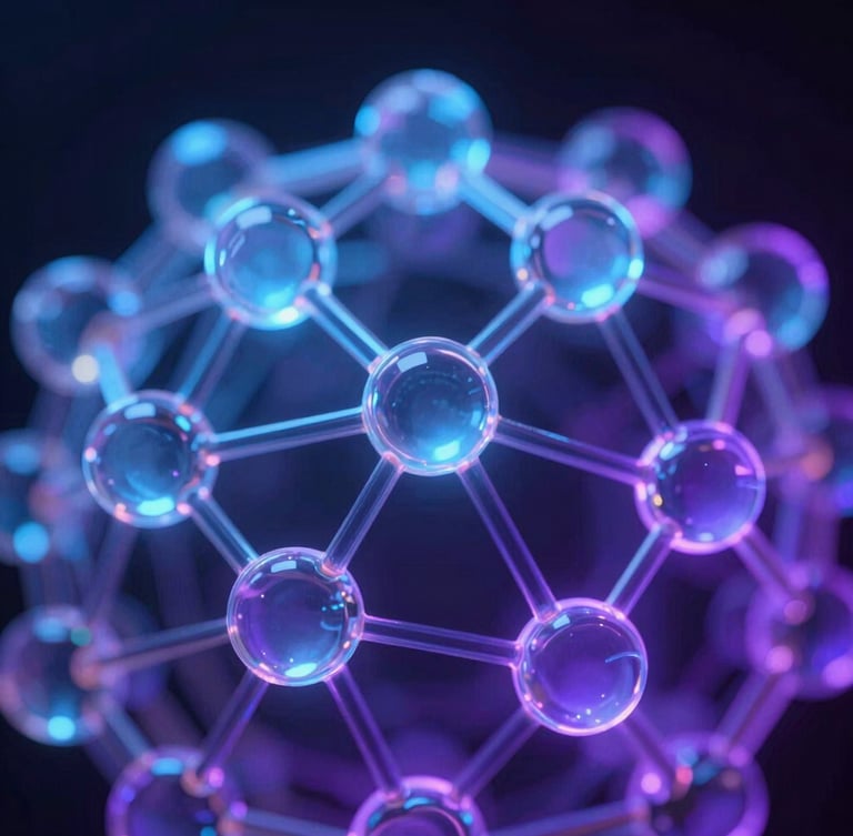 Macro close-up of abstract 3D glassmorphic nodes, glowing network topologies under dark room ambient lighting with neon blue and violet screen glows